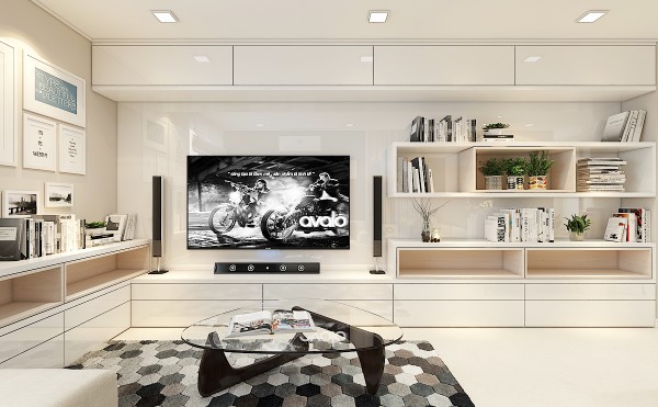Hệ thống tủ tivi được KTS kết hợp với tủ đồ và giá sách, vừa tối ưu công năng tận dụng hết diện tích, vừa trang trí làm đẹp thêm cho không gian.