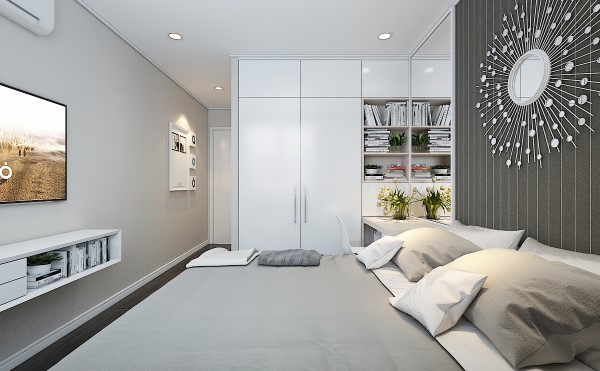 Phòng ngủ với tông màu trắng kết hợp xám nhạt, tạo cảm giác rộng rãi hơn.